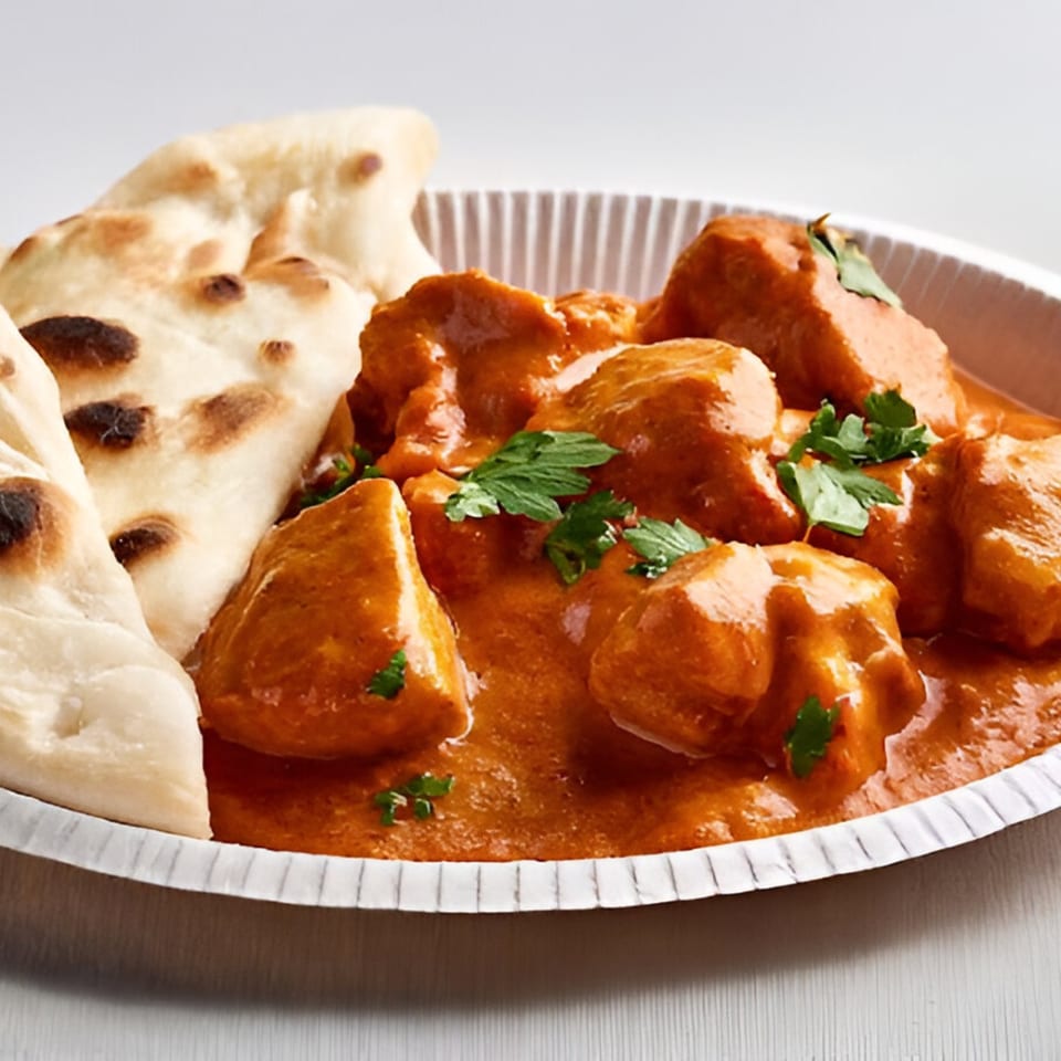 Indian butter chicken with cilantro and naan bread in a white paper bowl.