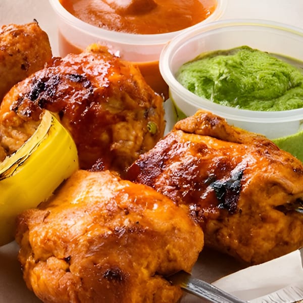 Grilled Indian chicken tikka with green chutney and orange sauce in plastic containers.