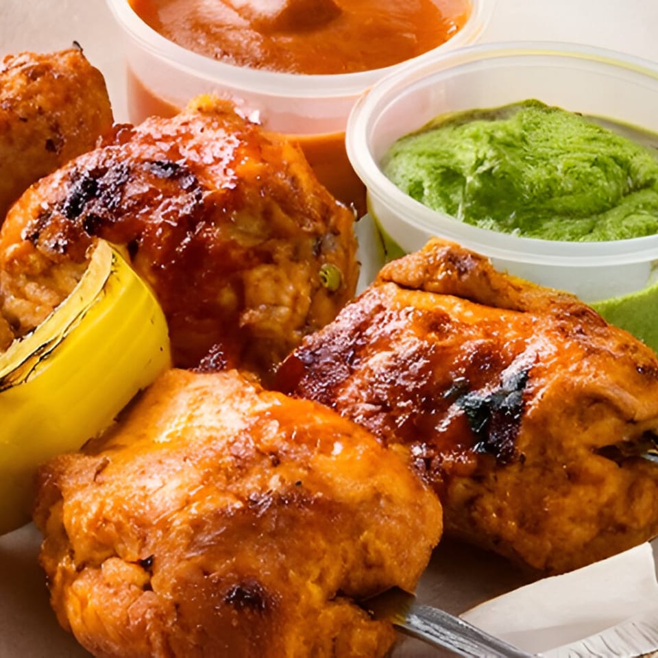 Grilled Indian chicken tikka with green chutney and orange sauce in plastic containers.